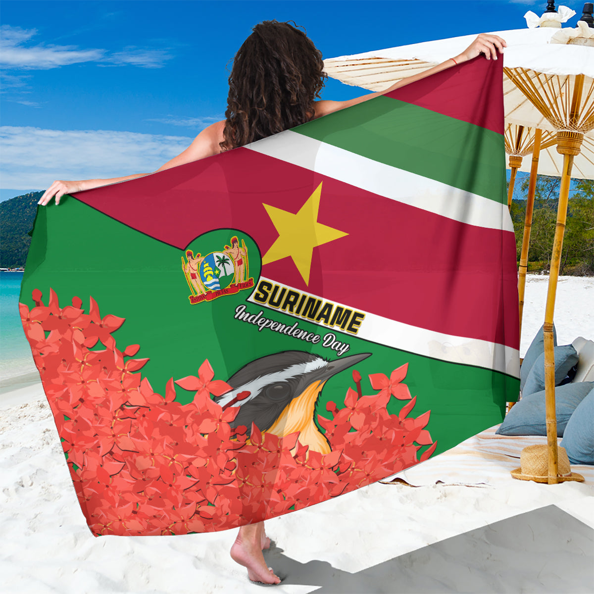 personalised-suriname-independence-day-sarong-lesser-kiskadee-with-scarlet-jungle-flame-flower