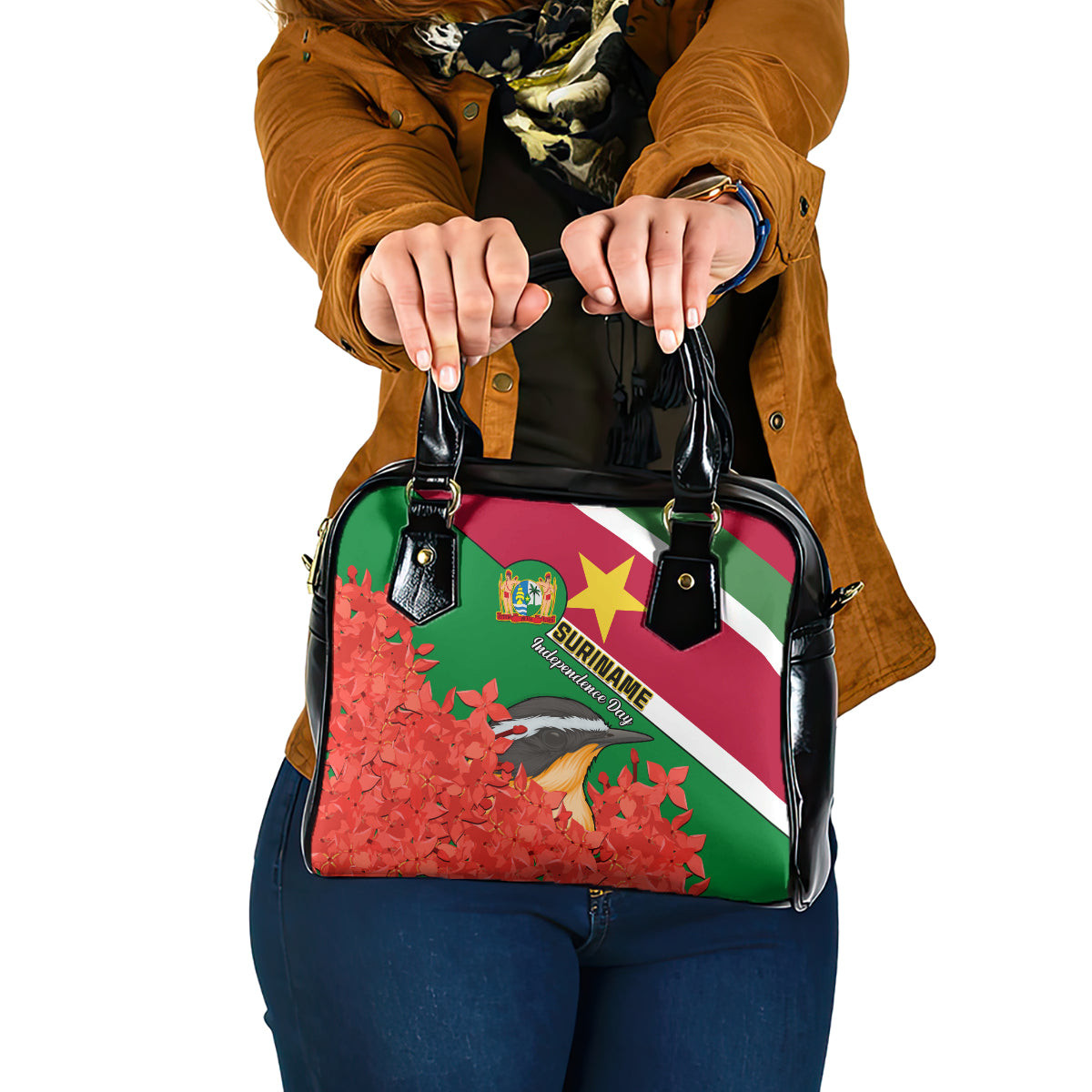 personalised-suriname-independence-day-shoulder-handbag-lesser-kiskadee-with-scarlet-jungle-flame-flower