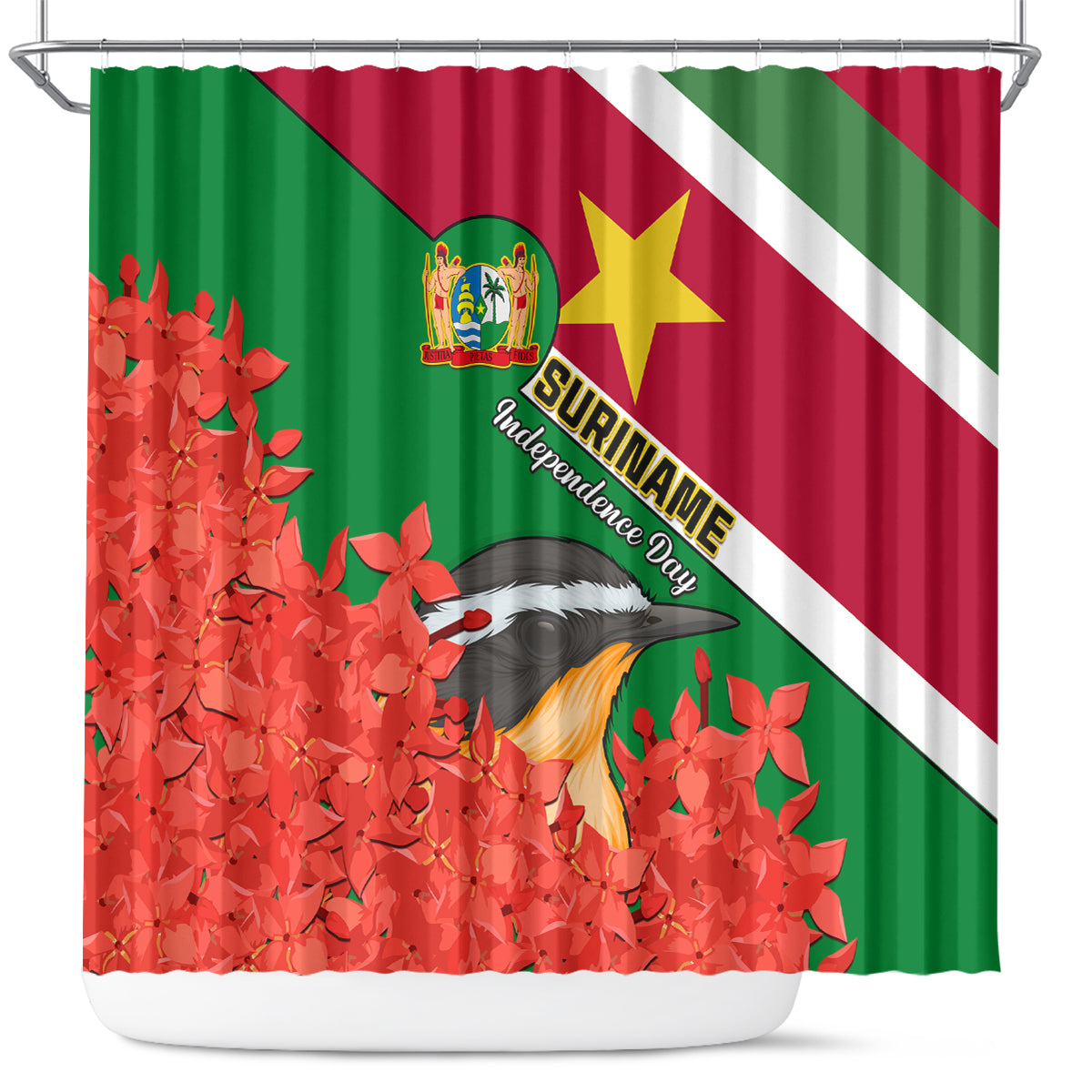 personalised-suriname-independence-day-shower-curtain-lesser-kiskadee-with-scarlet-jungle-flame-flower