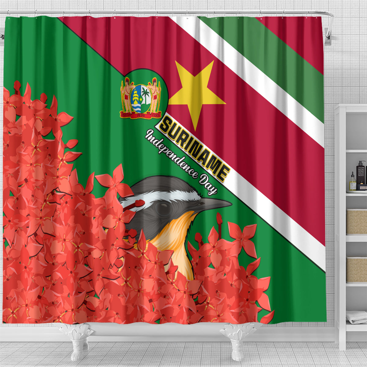 personalised-suriname-independence-day-shower-curtain-lesser-kiskadee-with-scarlet-jungle-flame-flower