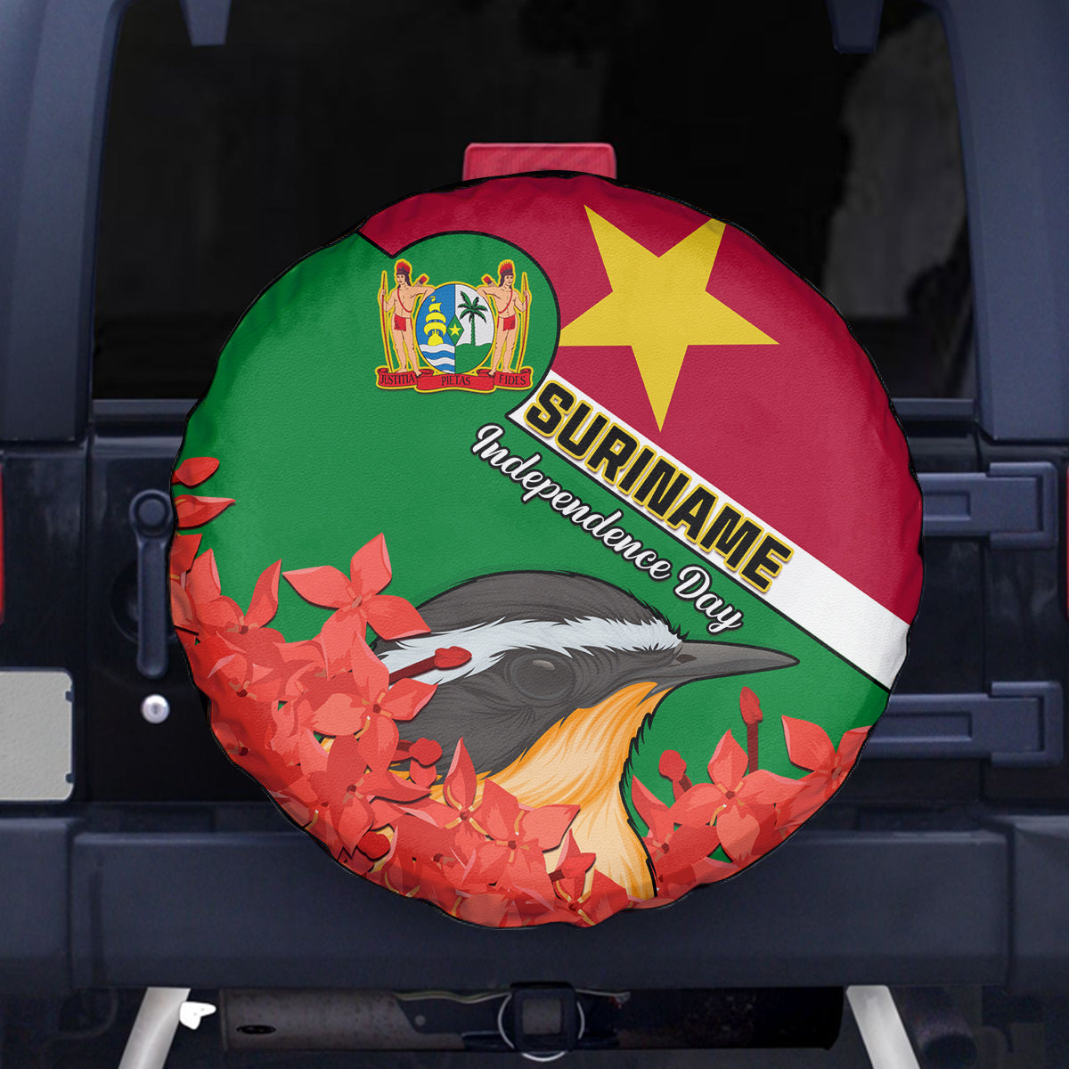 personalised-suriname-independence-day-spare-tire-cover-lesser-kiskadee-with-scarlet-jungle-flame-flower