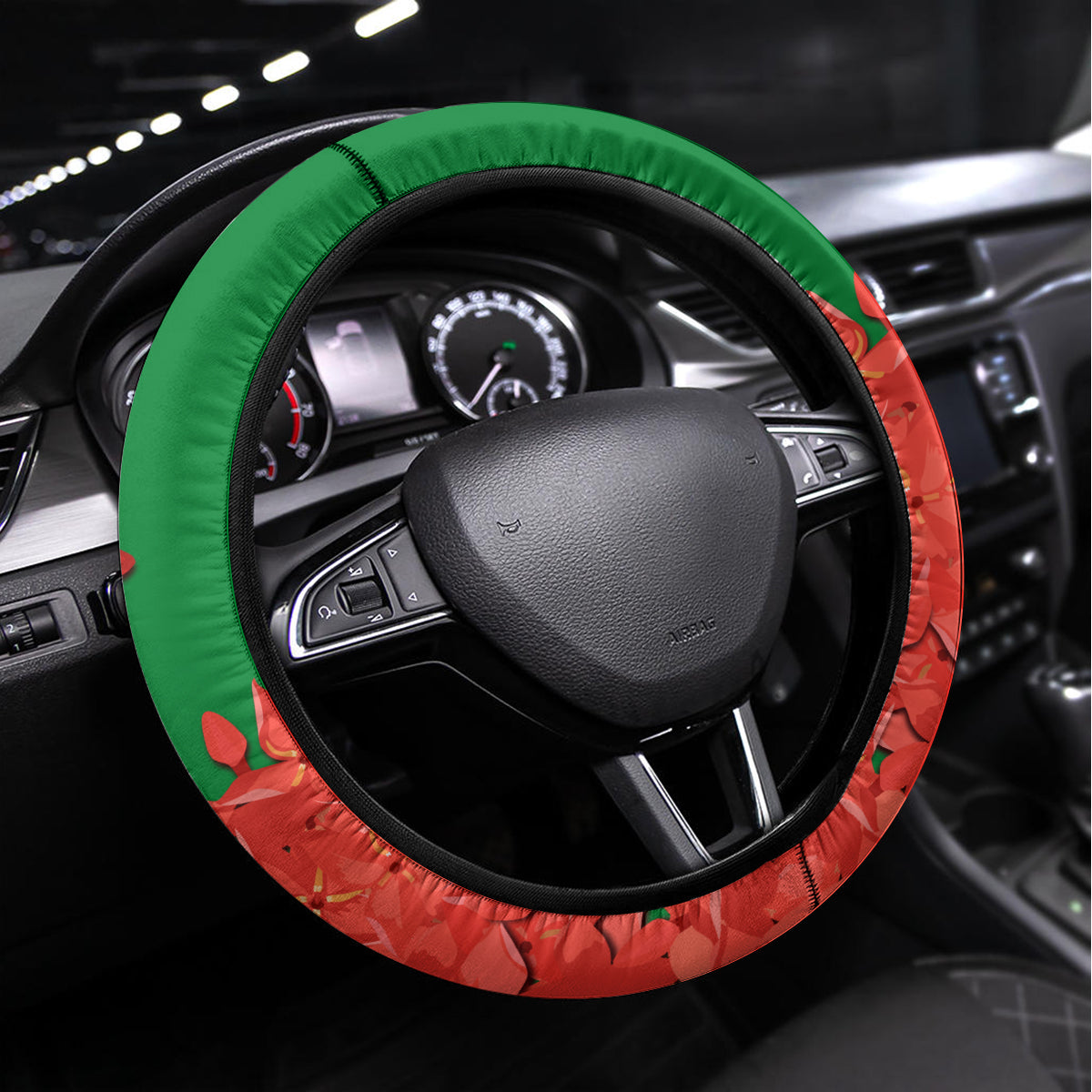 Suriname Independence Day Steering Wheel Cover Lesser Kiskadee With Scarlet Jungle Flame Flower