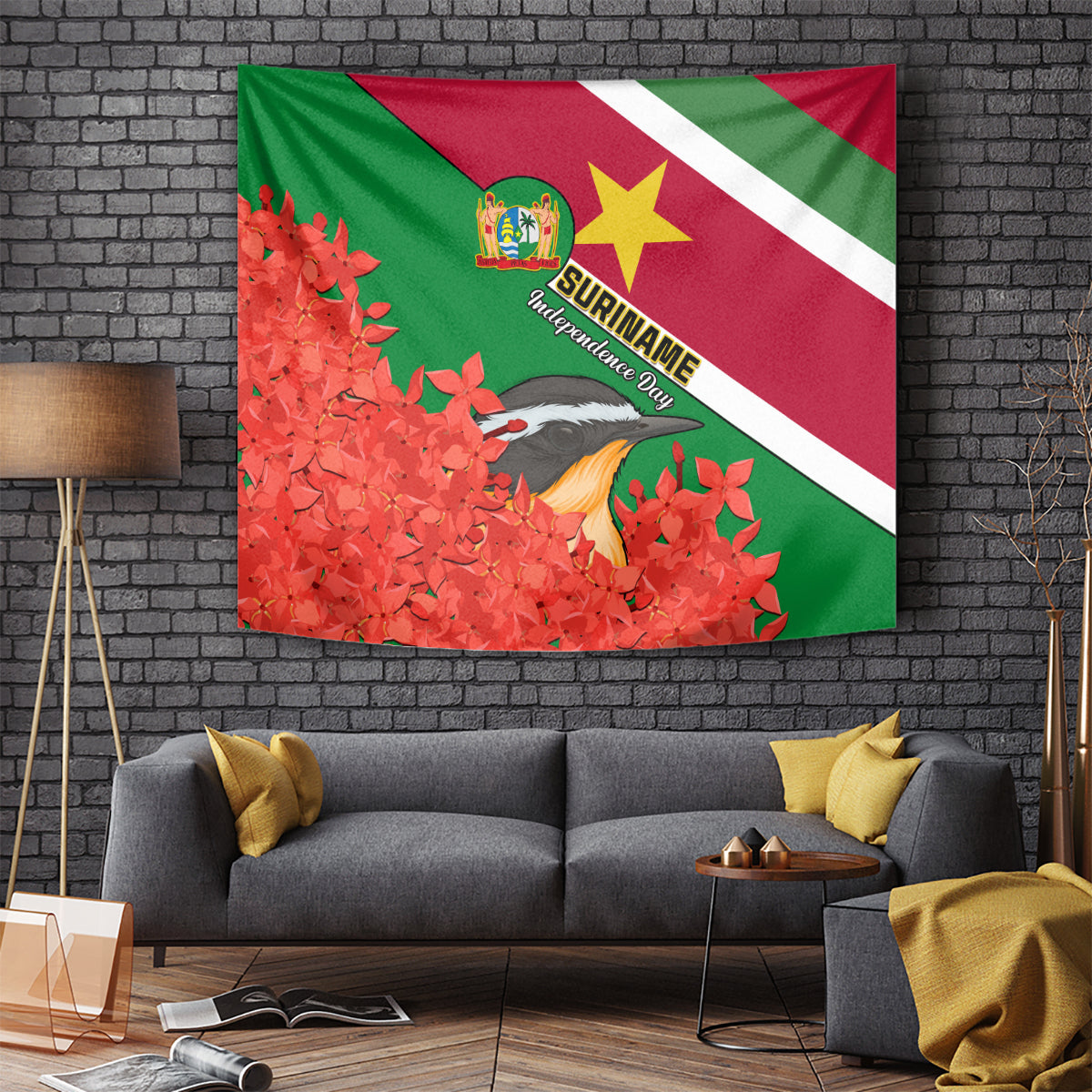 personalised-suriname-independence-day-tapestry-lesser-kiskadee-with-scarlet-jungle-flame-flower