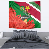 Suriname Independence Day Tapestry Lesser Kiskadee With Scarlet Jungle Flame Flower - Wonder Print Shop