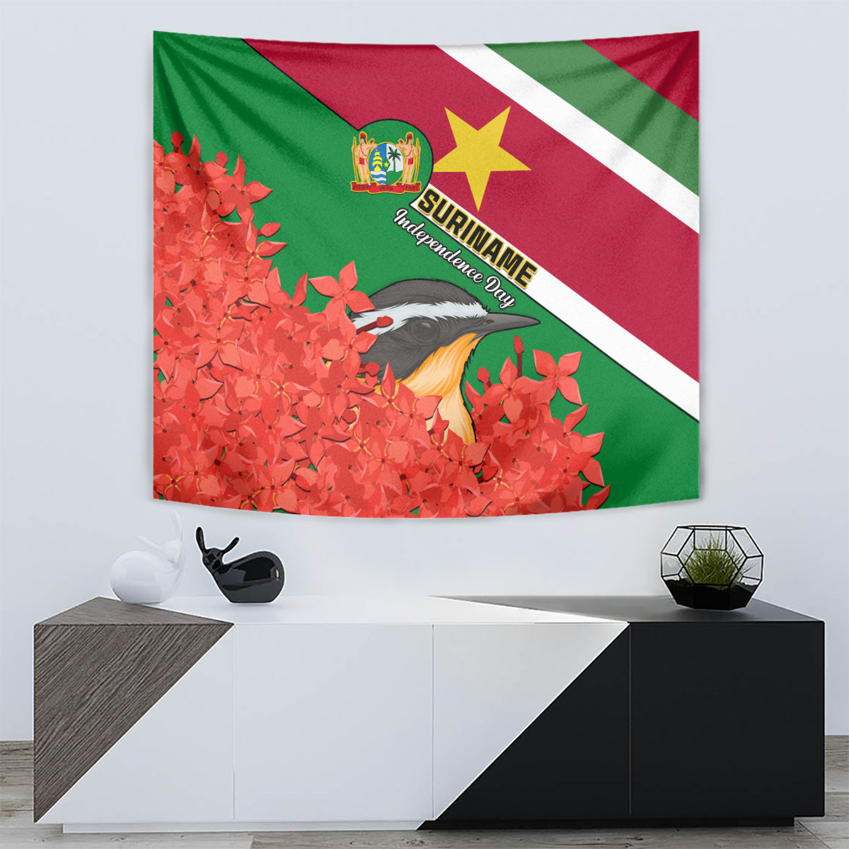 Suriname Independence Day Tapestry Lesser Kiskadee With Scarlet Jungle Flame Flower - Wonder Print Shop