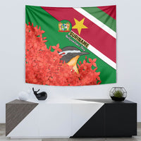 Suriname Independence Day Tapestry Lesser Kiskadee With Scarlet Jungle Flame Flower - Wonder Print Shop