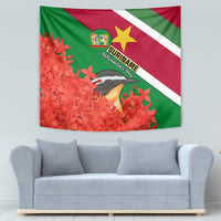 Suriname Independence Day Tapestry Lesser Kiskadee With Scarlet Jungle Flame Flower - Wonder Print Shop
