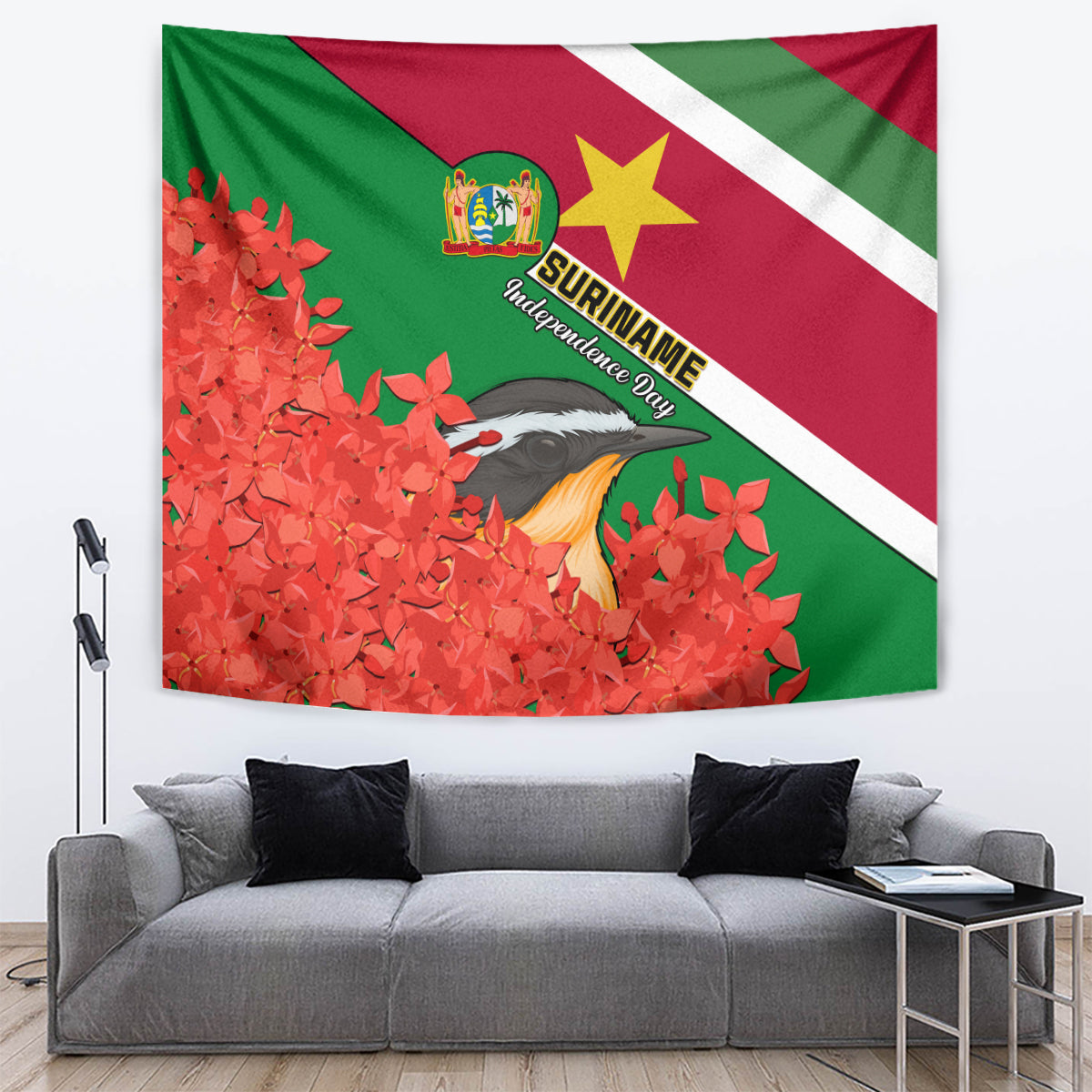 Suriname Independence Day Tapestry Lesser Kiskadee With Scarlet Jungle Flame Flower - Wonder Print Shop