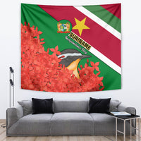 Suriname Independence Day Tapestry Lesser Kiskadee With Scarlet Jungle Flame Flower - Wonder Print Shop