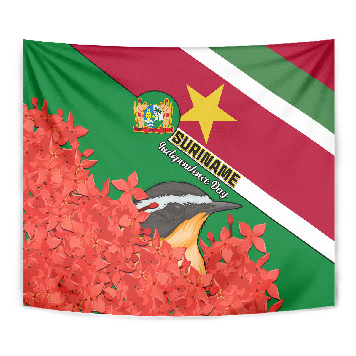 Suriname Independence Day Tapestry Lesser Kiskadee With Scarlet Jungle Flame Flower - Wonder Print Shop