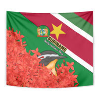 Suriname Independence Day Tapestry Lesser Kiskadee With Scarlet Jungle Flame Flower - Wonder Print Shop