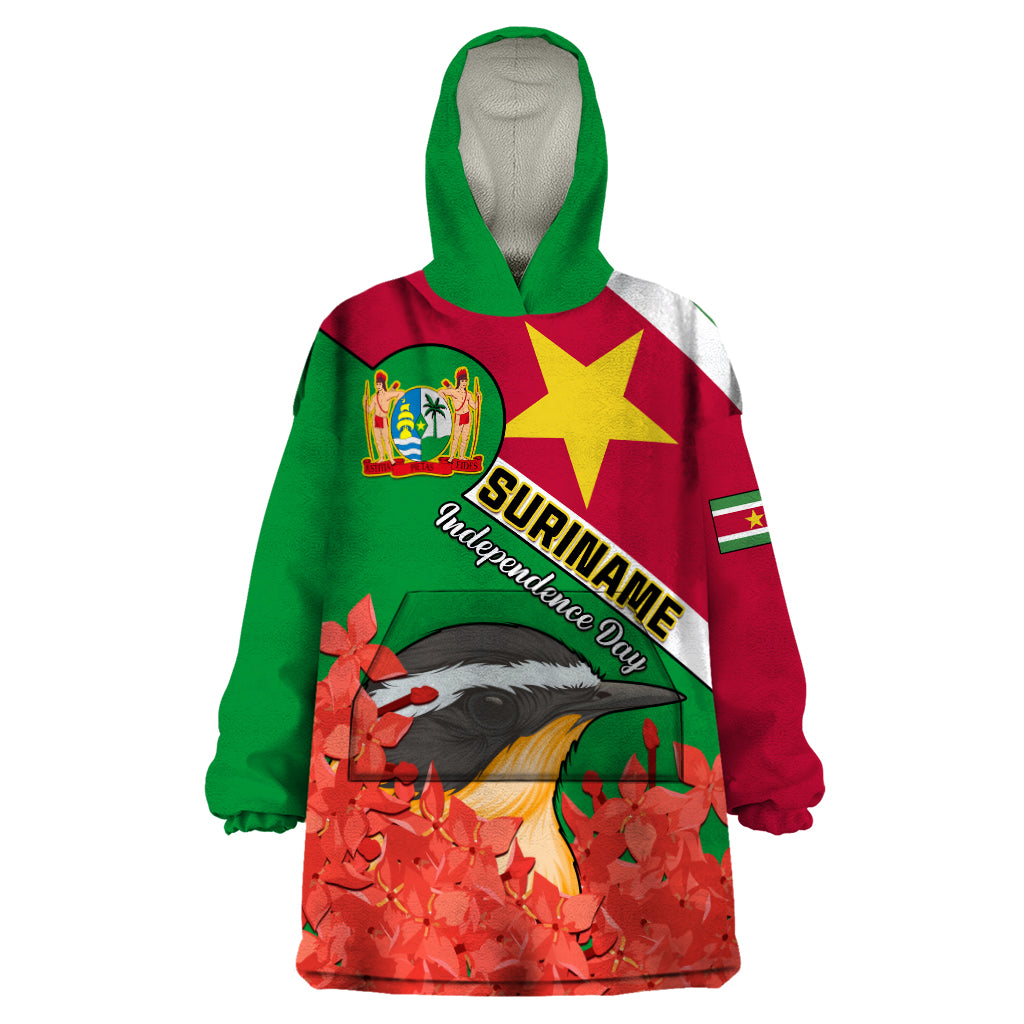 Personalised Suriname Independence Day Wearable Blanket Hoodie Lesser Kiskadee With Scarlet Jungle Flame Flower - Wonder Print Shop