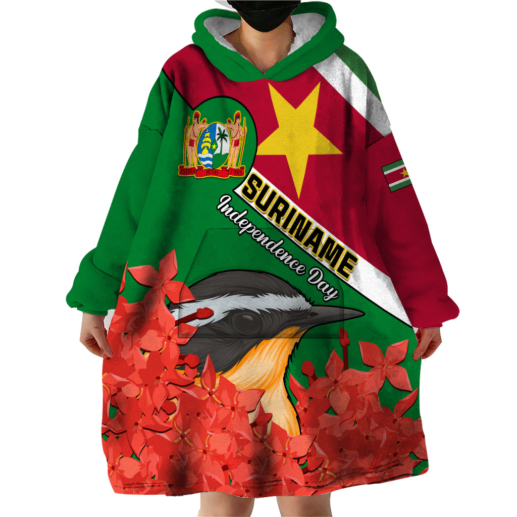 Personalised Suriname Independence Day Wearable Blanket Hoodie Lesser Kiskadee With Scarlet Jungle Flame Flower - Wonder Print Shop