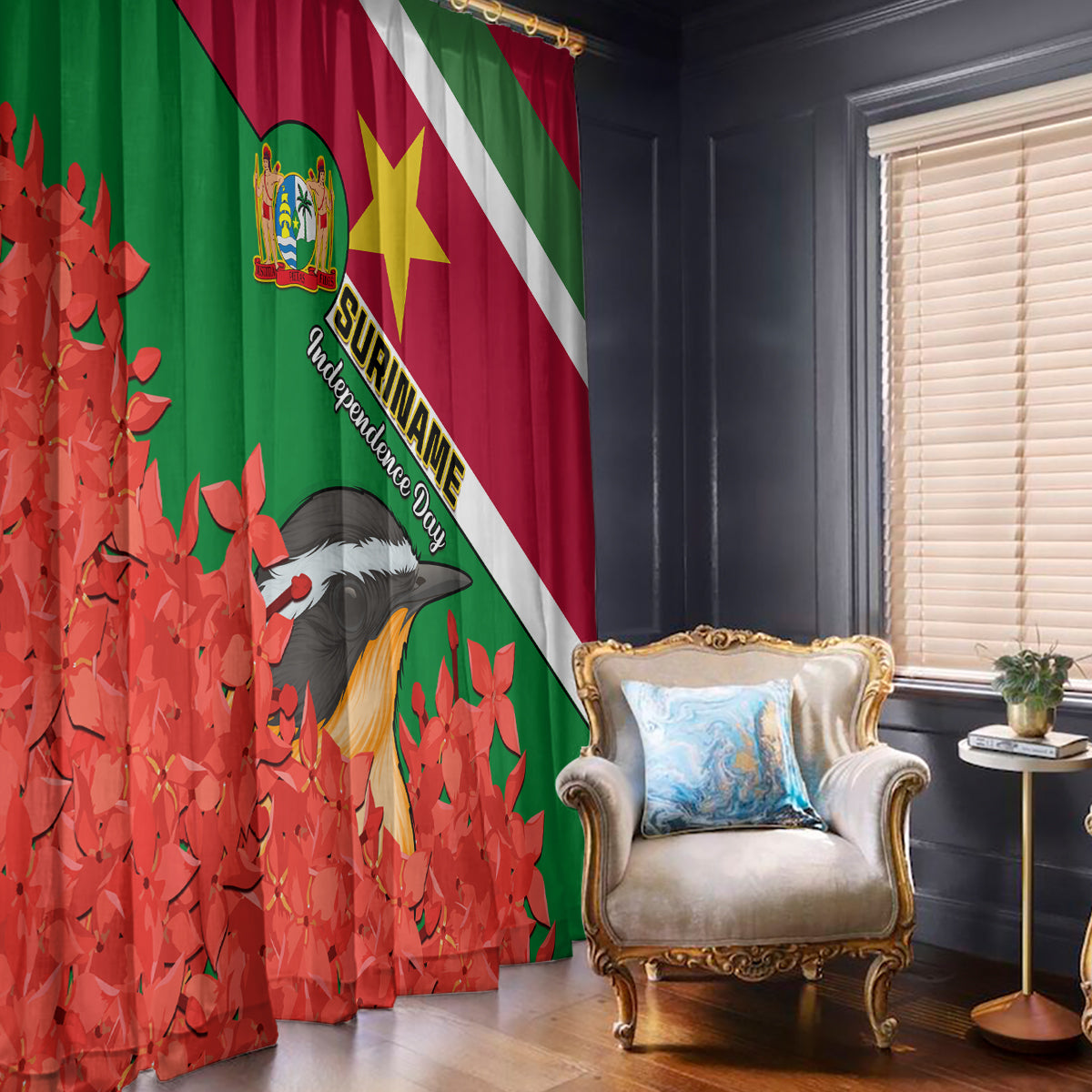 personalised-suriname-independence-day-window-curtain-lesser-kiskadee-with-scarlet-jungle-flame-flower