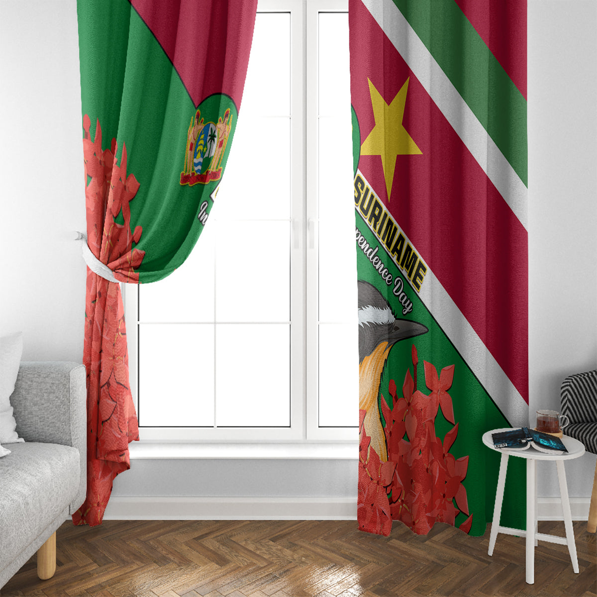 Suriname Independence Day Window Curtain Lesser Kiskadee With Scarlet Jungle Flame Flower - Wonder Print Shop