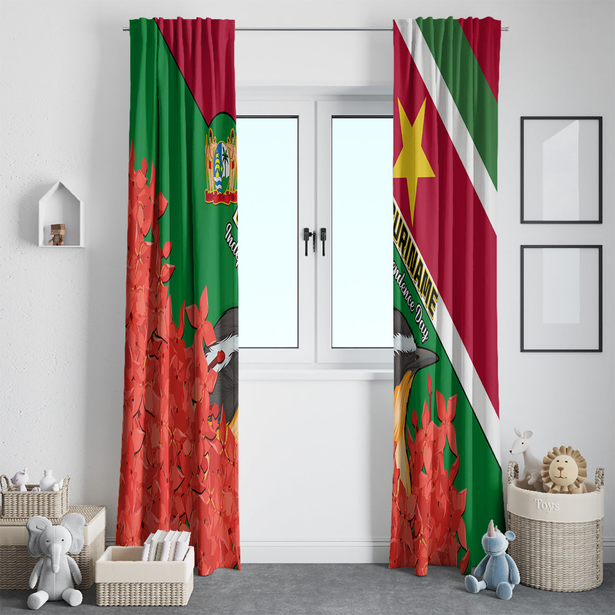 Suriname Independence Day Window Curtain Lesser Kiskadee With Scarlet Jungle Flame Flower - Wonder Print Shop