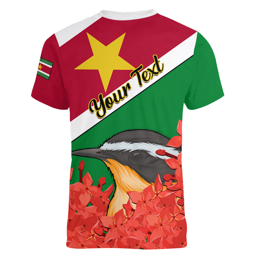 Personalised Suriname Independence Day Women V Neck T Shirt Lesser Kiskadee With Scarlet Jungle Flame Flower - Wonder Print Shop