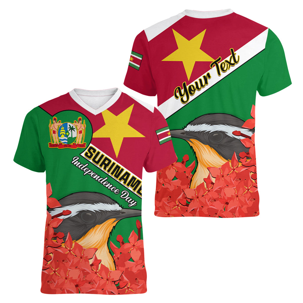 Personalised Suriname Independence Day Women V Neck T Shirt Lesser Kiskadee With Scarlet Jungle Flame Flower - Wonder Print Shop
