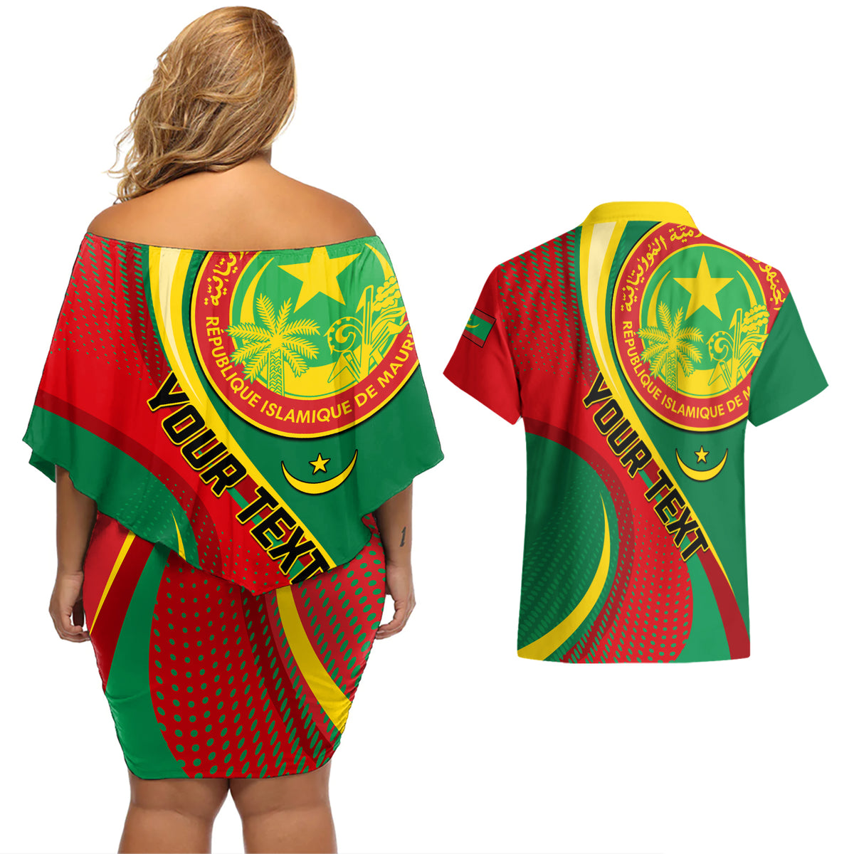 Personalised Mauritania Independence Day Couples Matching Off Shoulder Short Dress and Hawaiian Shirt Mauritanian Seal Special Version - Wonder Print Shop