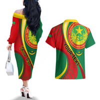 Personalised Mauritania Independence Day Couples Matching Off The Shoulder Long Sleeve Dress and Hawaiian Shirt Mauritanian Seal Special Version - Wonder Print Shop