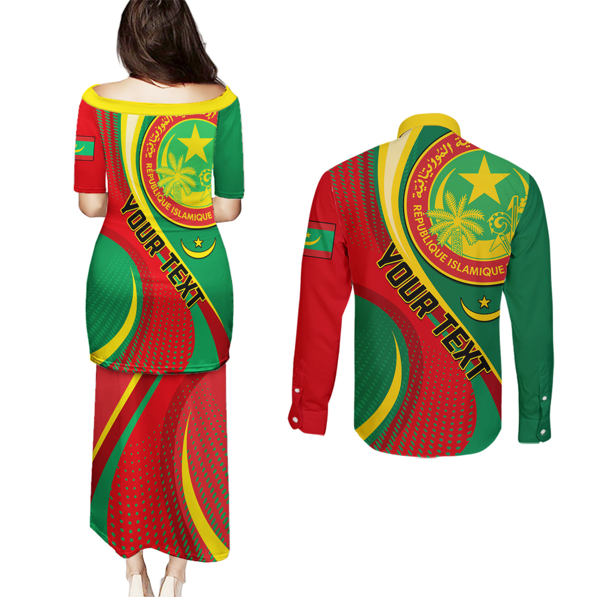 Personalised Mauritania Independence Day Couples Matching Puletasi Dress and Long Sleeve Button Shirt Mauritanian Seal Special Version - Wonder Print Shop