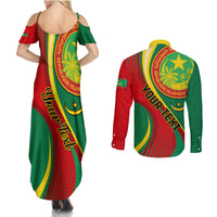 Personalised Mauritania Independence Day Couples Matching Summer Maxi Dress and Long Sleeve Button Shirt Mauritanian Seal Special Version - Wonder Print Shop