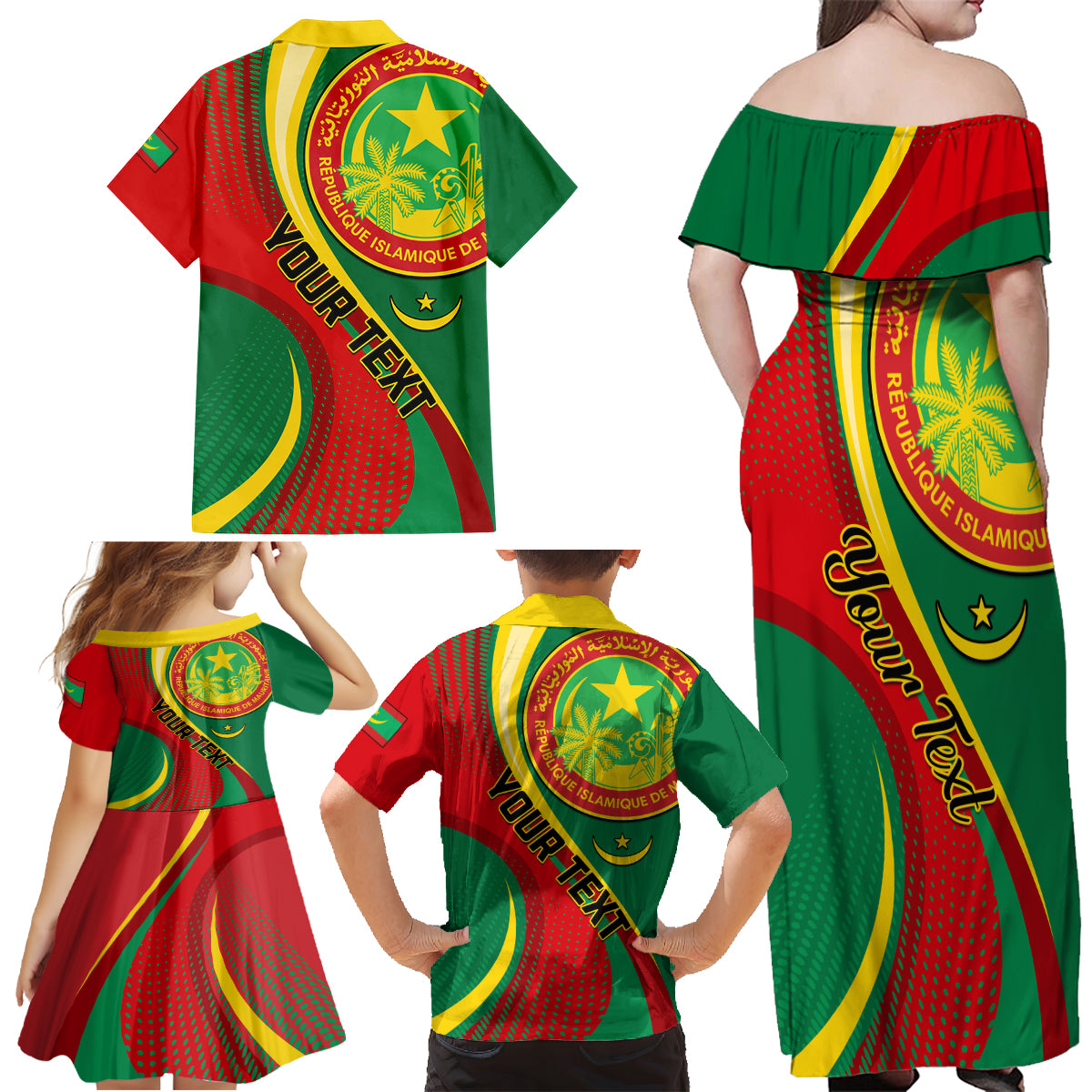 Personalised Mauritania Independence Day Family Matching Off Shoulder Maxi Dress and Hawaiian Shirt Mauritanian Seal Special Version - Wonder Print Shop