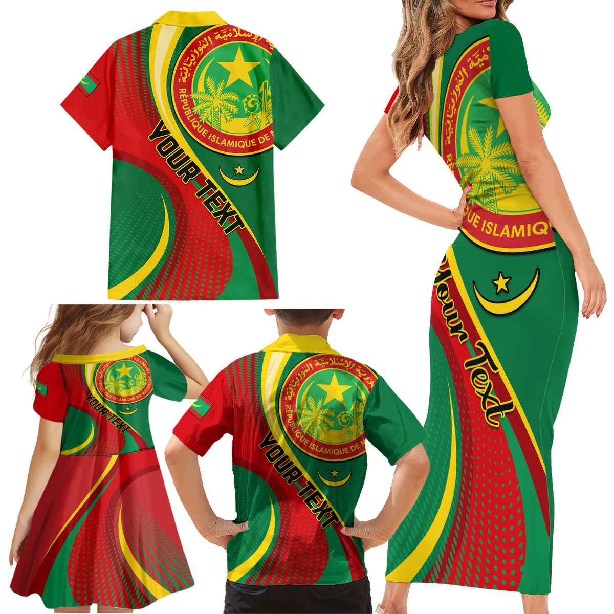 Personalised Mauritania Independence Day Family Matching Short Sleeve Bodycon Dress and Hawaiian Shirt Mauritanian Seal Special Version - Wonder Print Shop