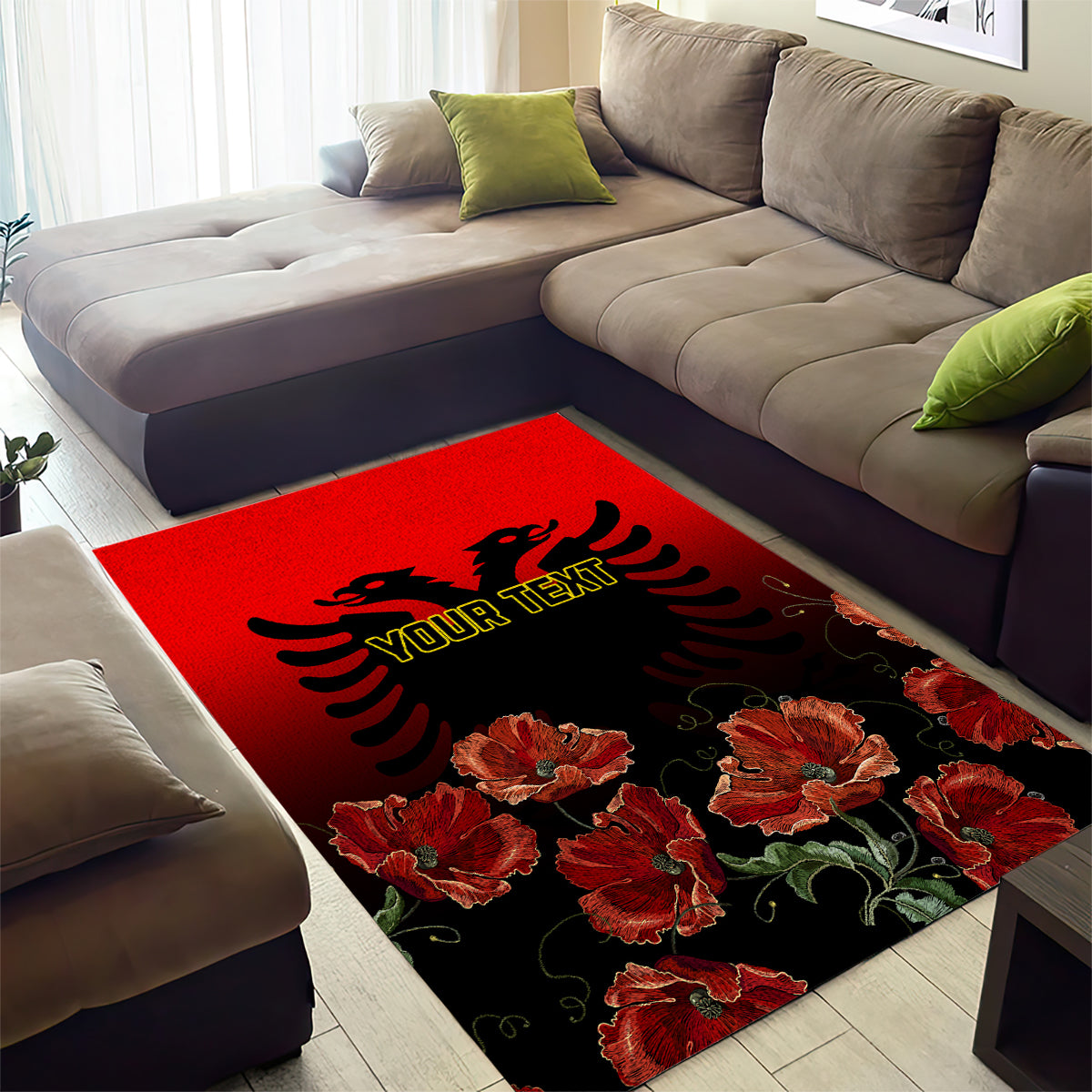 Personalised Albania Independence Day Area Rug Albanian Coat Of Arms With Red Poppy Flower - Wonder Print Shop