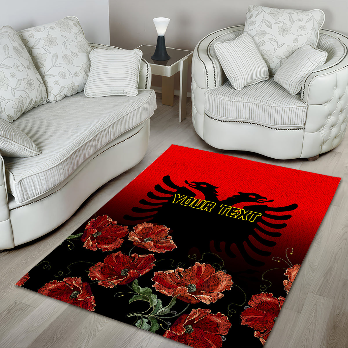 Personalised Albania Independence Day Area Rug Albanian Coat Of Arms With Red Poppy Flower - Wonder Print Shop
