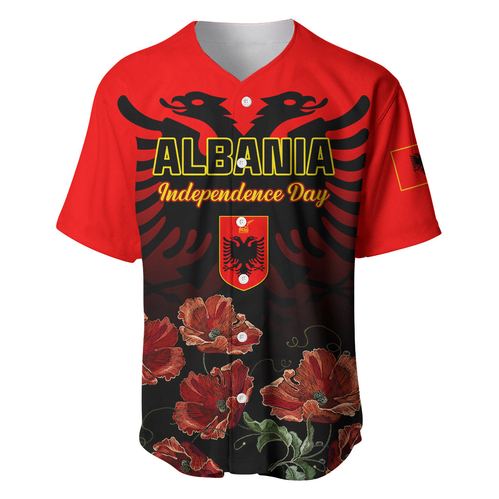 Personalised Albania Independence Day Baseball Jersey Albanian Coat Of Arms With Red Poppy Flower - Wonder Print Shop