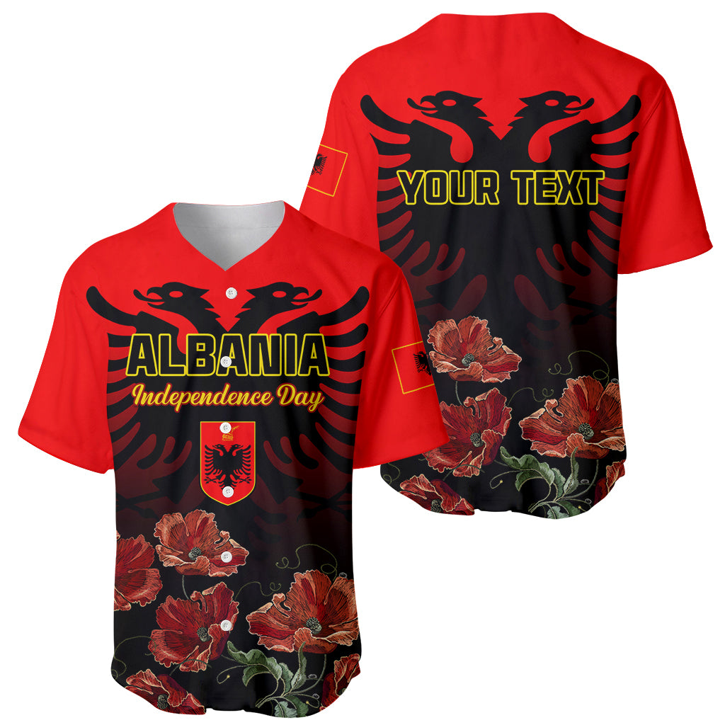 Personalised Albania Independence Day Baseball Jersey Albanian Coat Of Arms With Red Poppy Flower - Wonder Print Shop
