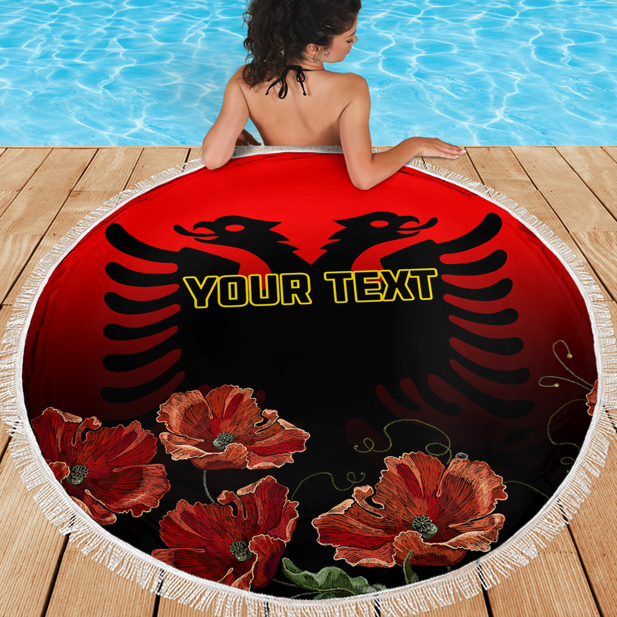 Personalised Albania Independence Day Beach Blanket Albanian Coat Of Arms With Red Poppy Flower - Wonder Print Shop