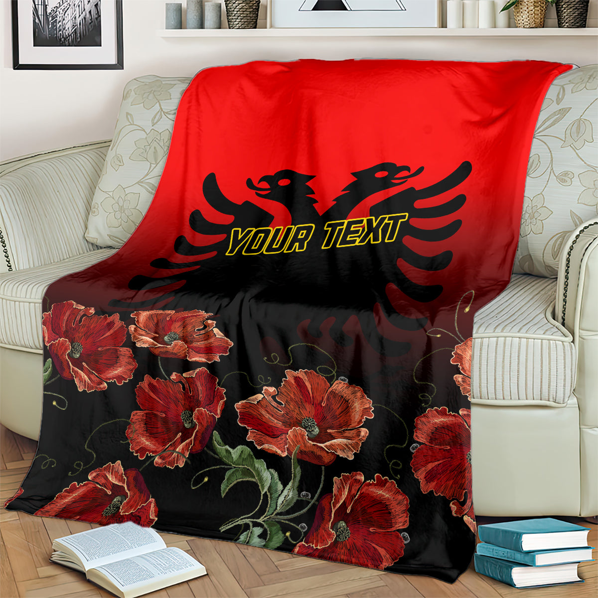 personalised-albania-independence-day-blanket-albanian-coat-of-arms-with-red-poppy-flower