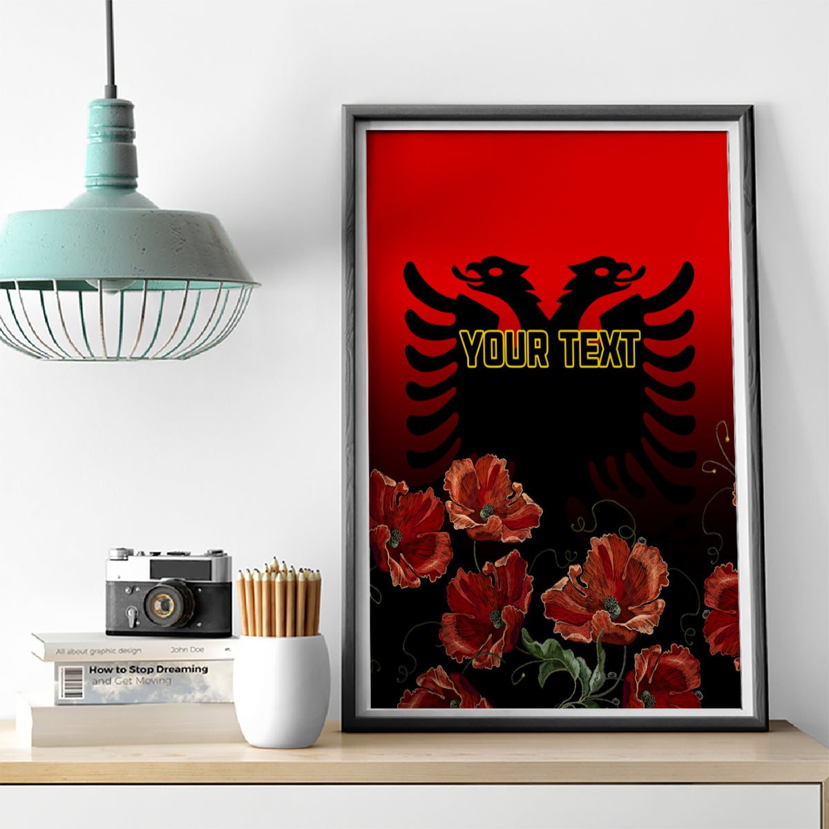 Personalised Albania Independence Day Canvas Wall Art Albanian Coat Of Arms With Red Poppy Flower - Wonder Print Shop