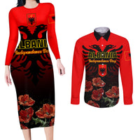 Personalised Albania Independence Day Couples Matching Long Sleeve Bodycon Dress and Long Sleeve Button Shirt Albanian Coat Of Arms With Red Poppy Flower - Wonder Print Shop