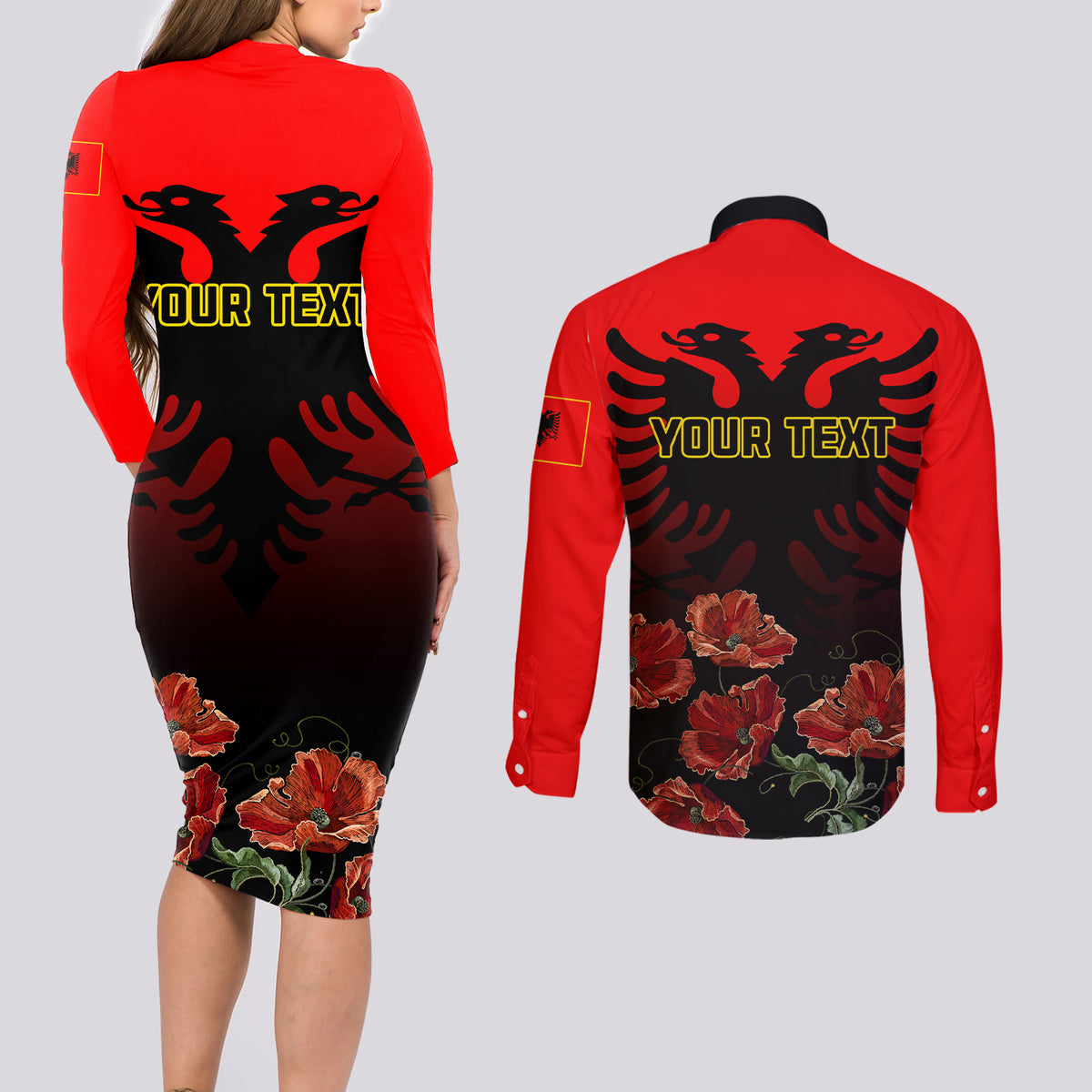 Personalised Albania Independence Day Couples Matching Long Sleeve Bodycon Dress and Long Sleeve Button Shirt Albanian Coat Of Arms With Red Poppy Flower - Wonder Print Shop