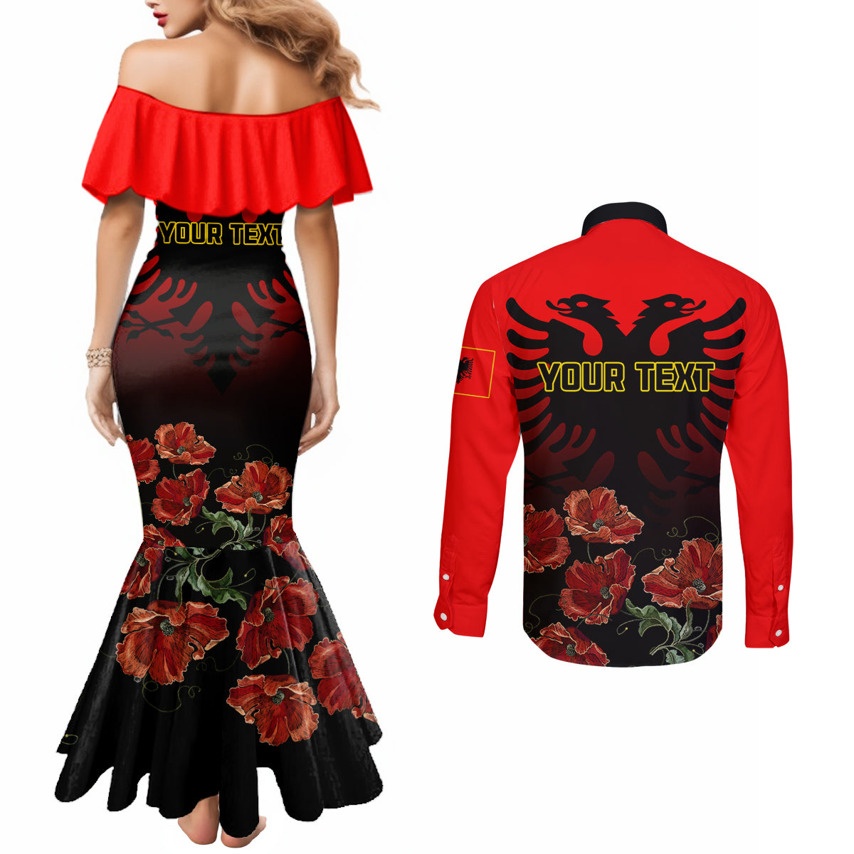 personalised-albania-independence-day-couples-matching-mermaid-dress-and-long-sleeve-button-shirt-albanian-coat-of-arms-with-red-poppy-flower