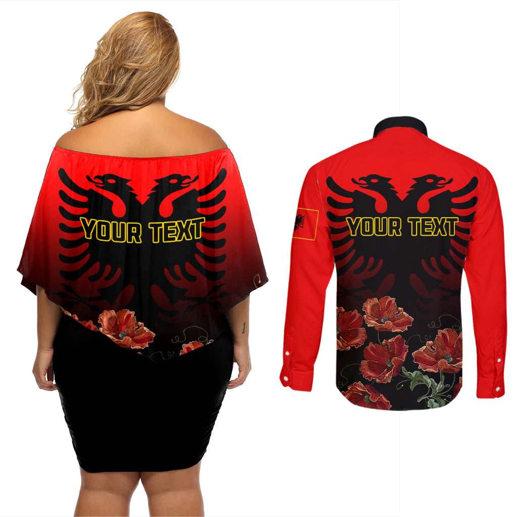 Personalised Albania Independence Day Couples Matching Off Shoulder Short Dress and Long Sleeve Button Shirt Albanian Coat Of Arms With Red Poppy Flower - Wonder Print Shop