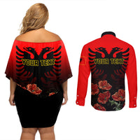 Personalised Albania Independence Day Couples Matching Off Shoulder Short Dress and Long Sleeve Button Shirt Albanian Coat Of Arms With Red Poppy Flower - Wonder Print Shop