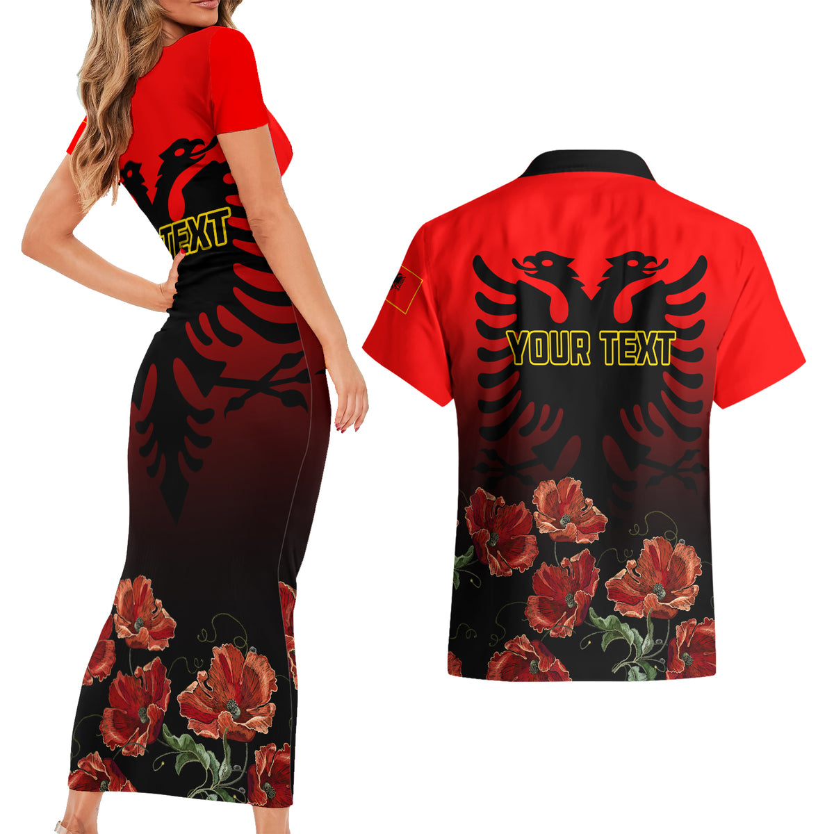 Personalised Albania Independence Day Couples Matching Short Sleeve Bodycon Dress and Hawaiian Shirt Albanian Coat Of Arms With Red Poppy Flower - Wonder Print Shop
