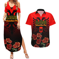 Personalised Albania Independence Day Couples Matching Summer Maxi Dress and Hawaiian Shirt Albanian Coat Of Arms With Red Poppy Flower - Wonder Print Shop