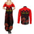 Personalised Albania Independence Day Couples Matching Summer Maxi Dress and Long Sleeve Button Shirt Albanian Coat Of Arms With Red Poppy Flower - Wonder Print Shop