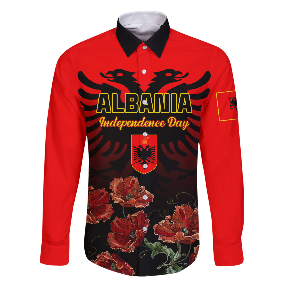 Personalised Albania Independence Day Family Matching Off Shoulder Long Sleeve Dress and Hawaiian Shirt Albanian Coat Of Arms With Red Poppy Flower - Wonder Print Shop