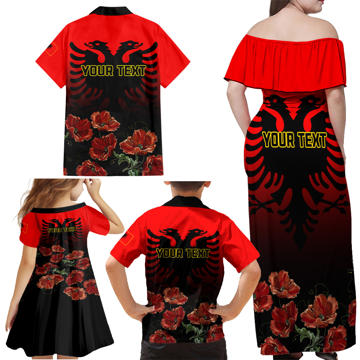 Personalised Albania Independence Day Family Matching Off Shoulder Maxi Dress and Hawaiian Shirt Albanian Coat Of Arms With Red Poppy Flower - Wonder Print Shop