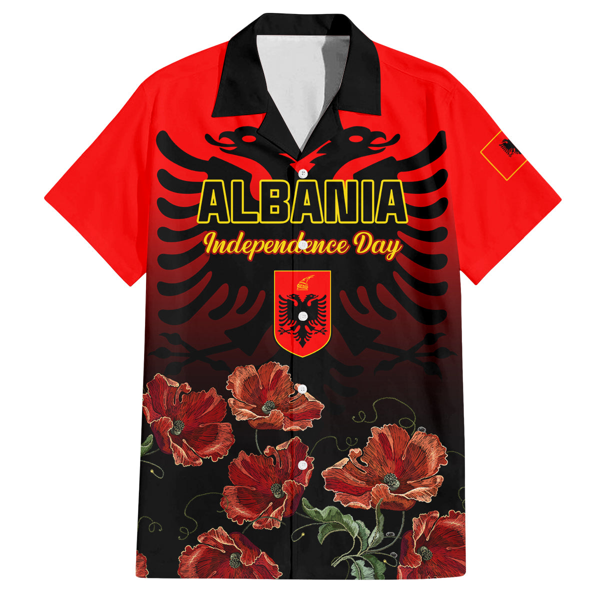 Personalised Albania Independence Day Family Matching Off Shoulder Maxi Dress and Hawaiian Shirt Albanian Coat Of Arms With Red Poppy Flower - Wonder Print Shop
