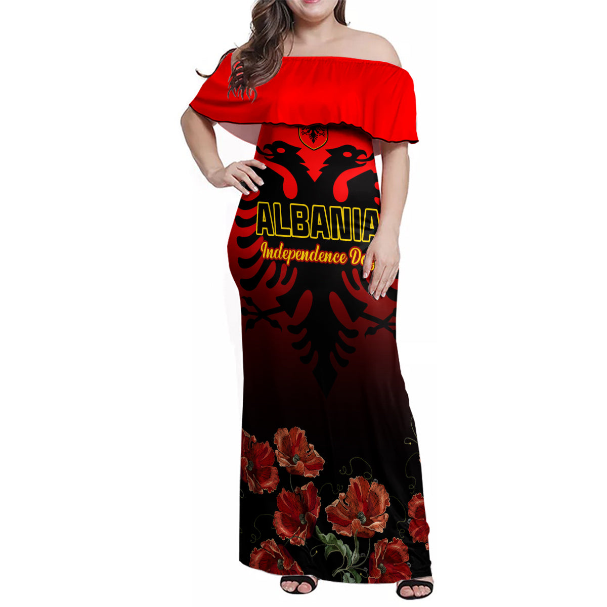Personalised Albania Independence Day Family Matching Off Shoulder Maxi Dress and Hawaiian Shirt Albanian Coat Of Arms With Red Poppy Flower - Wonder Print Shop