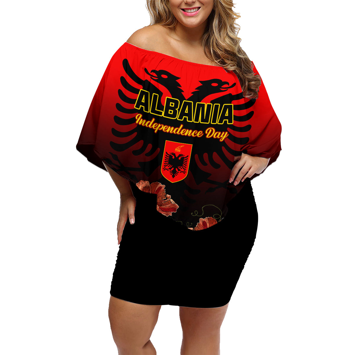 Personalised Albania Independence Day Family Matching Off Shoulder Short Dress and Hawaiian Shirt Albanian Coat Of Arms With Red Poppy Flower - Wonder Print Shop