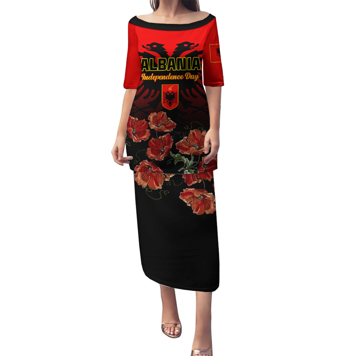 Personalised Albania Independence Day Family Matching Puletasi Dress and Hawaiian Shirt Albanian Coat Of Arms With Red Poppy Flower - Wonder Print Shop