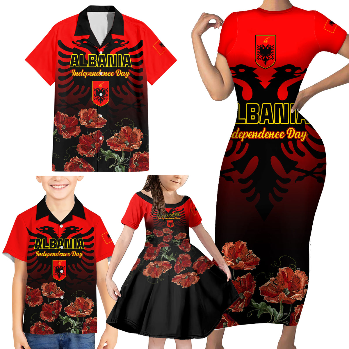 Personalised Albania Independence Day Family Matching Short Sleeve Bodycon Dress and Hawaiian Shirt Albanian Coat Of Arms With Red Poppy Flower - Wonder Print Shop
